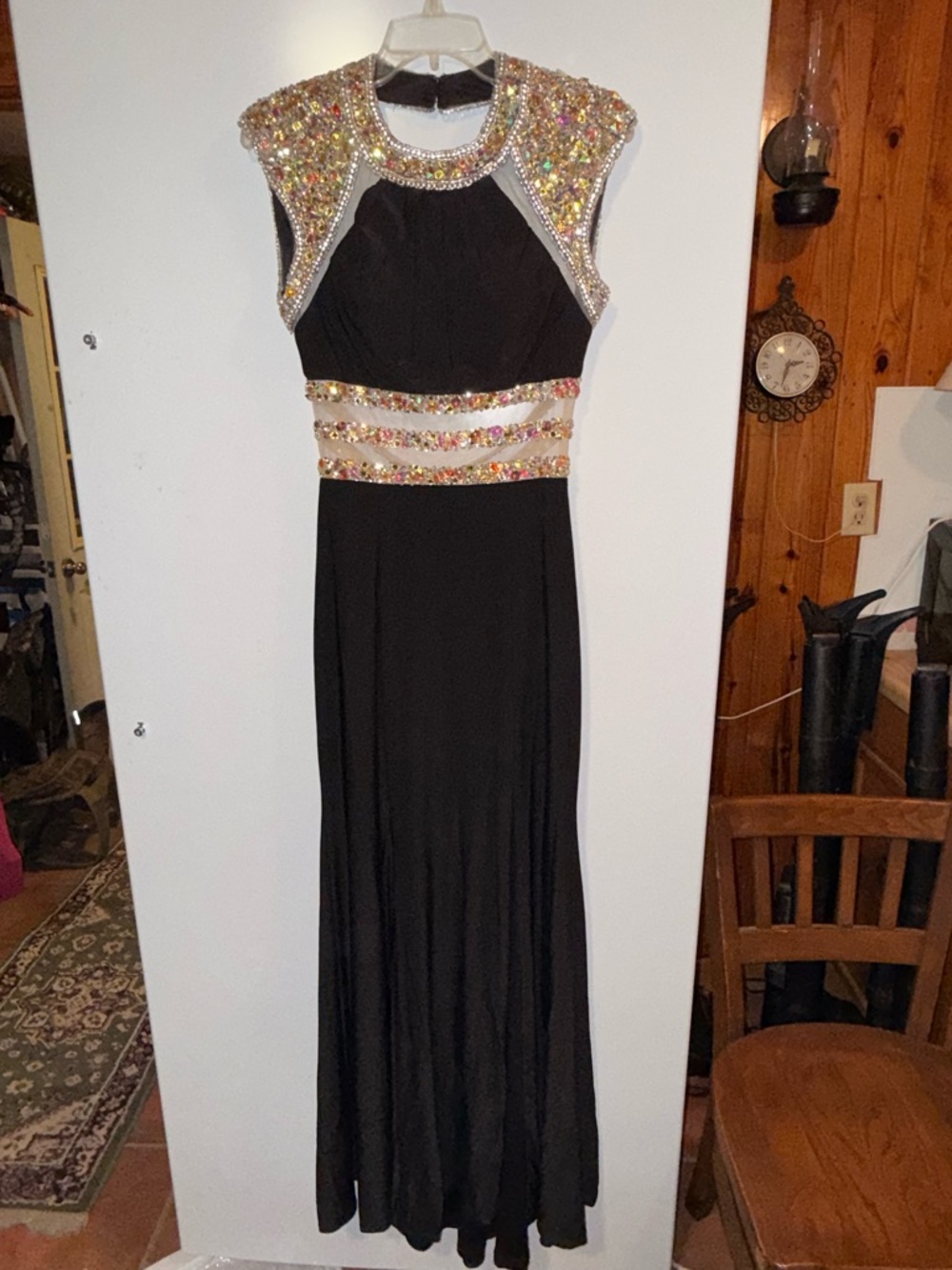 Black Evening Gown with Gold & Iridescent Embellished Bodice